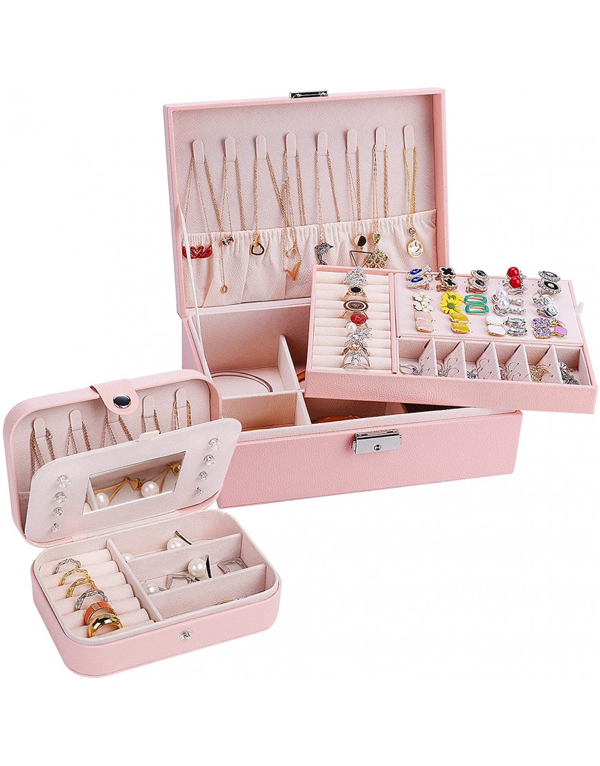GOLVER 2-pack Jewelry Organizer Box 2 Layer Jewelry Case Large PU Leather Jewelry Boxes for Women Girls Comes With a Small Travel Jewelry Box Pink