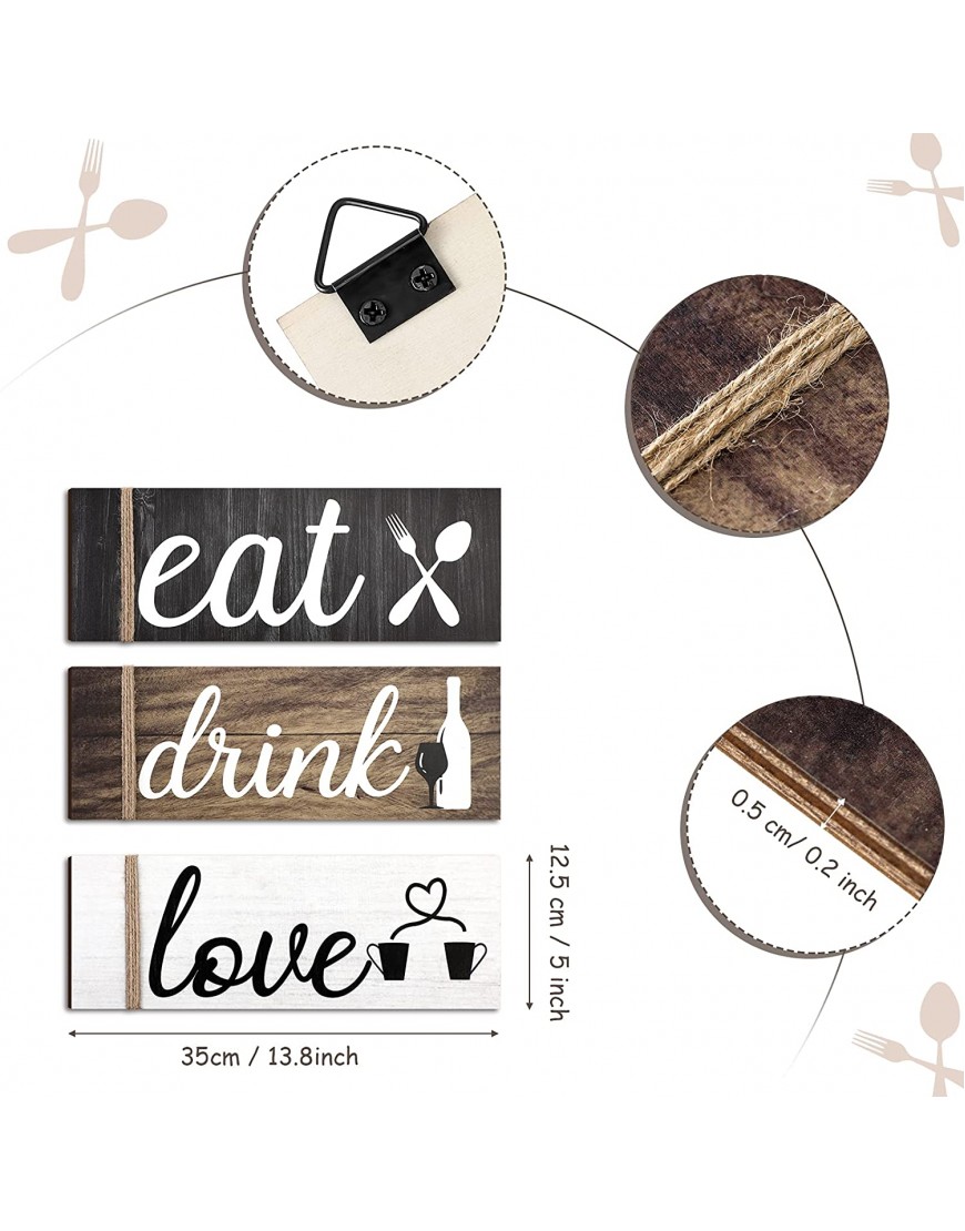 Jetec 3 Pcs Farmhouse Kitchen Wall Decor Eat Sign Rustic Wooden Kitchen Sign Wood Home Sign Eat Drink Love Sign with Hanging Hole for Home Kitchen Dining Living Room Bar Cafe Decor Classic Color
