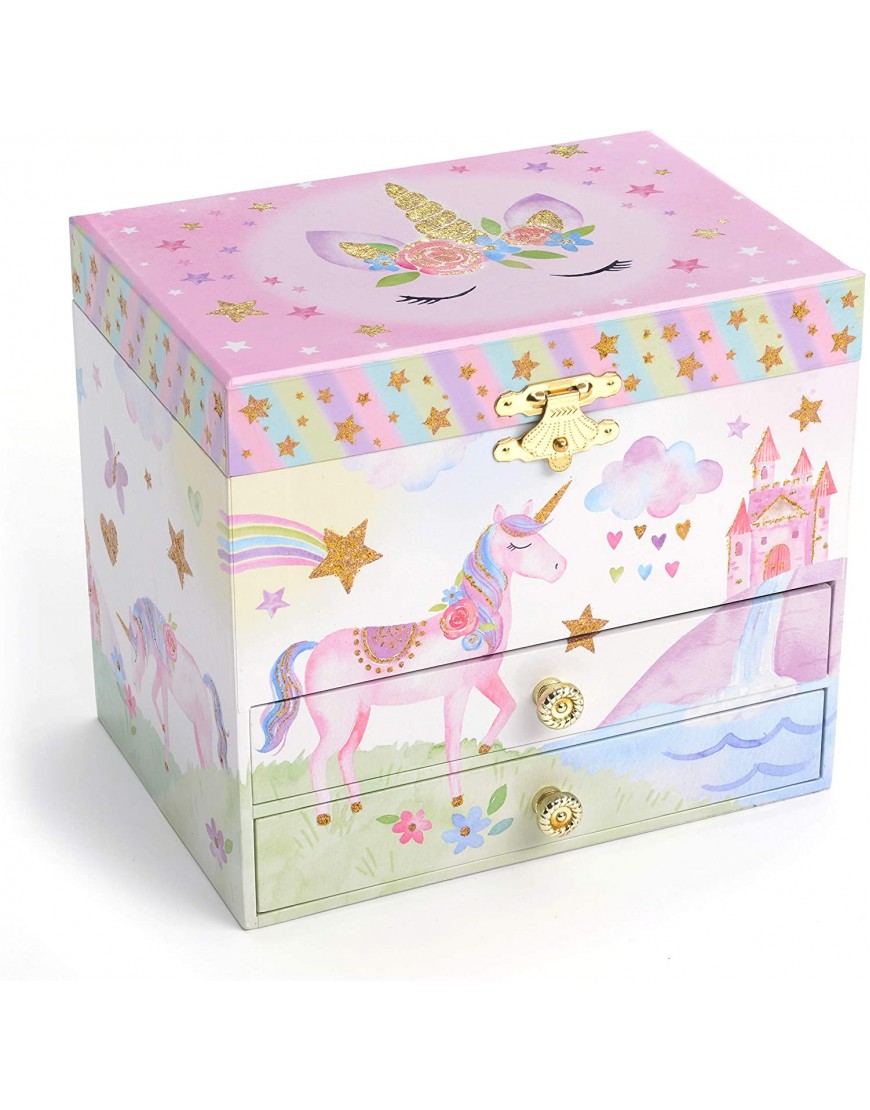 Jewelkeeper Musical Jewelry Box with 2 Pullout Drawers Glitter Rainbow and Stars Unicorn Design The Unicorn Tune
