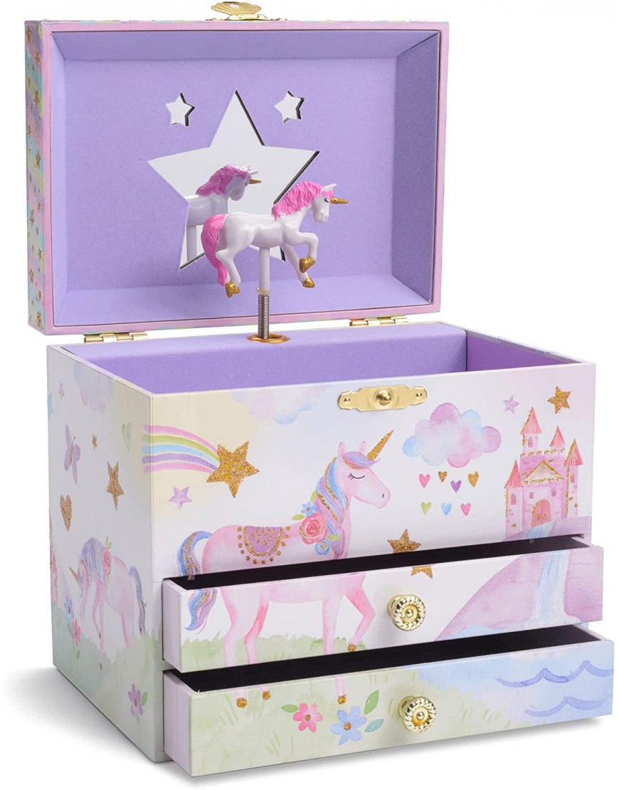 Jewelkeeper Musical Jewelry Box with 2 Pullout Drawers Glitter Rainbow and Stars Unicorn Design The Unicorn Tune