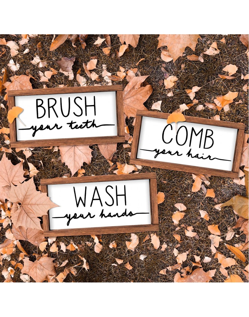 LIBWYS Bathroom Sign & Plaque Set of 3 Wash Your Hands Brush Your Teeth Comb Your Hair Decorative Rustic Wood Farmhouse Bathroom Wall Decor White