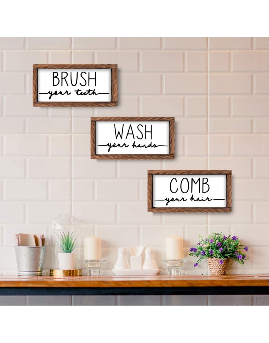 LIBWYS Bathroom Sign & Plaque Set of 3 Wash Your Hands Brush Your Teeth Comb Your Hair Decorative Rustic Wood Farmhouse Bathroom Wall Decor White