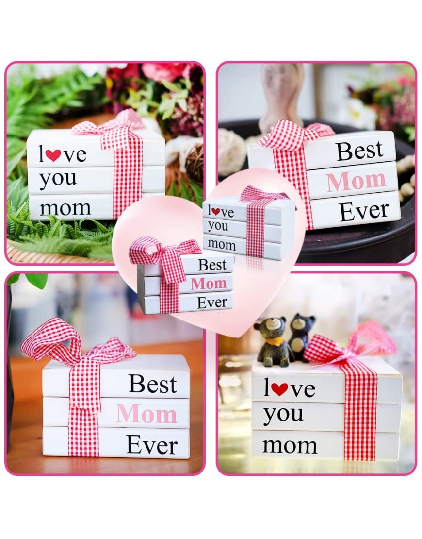 LIVDUCOT Mini Wood Decorative Book Stack Gifts for Mom Faux Decorative Books for Mothers Day Decor 2 Signs in 1 Reversible Best Mom Ever Mothers Birthday Gift Mothers Day Gifts from Son Daughter
