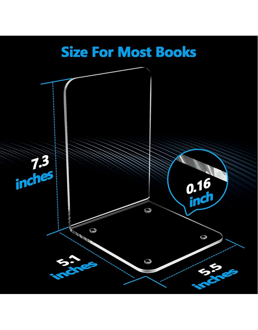 MaxGear Book Ends Clear Acrylic Bookends for Shelves Non-Skid Bookend Heavy Duty Book End Book Holder Stopper for Books Movies CDs Video Games 7.3 x 5.5 x 5.1 in 2 Pairs 4 Pieces Large