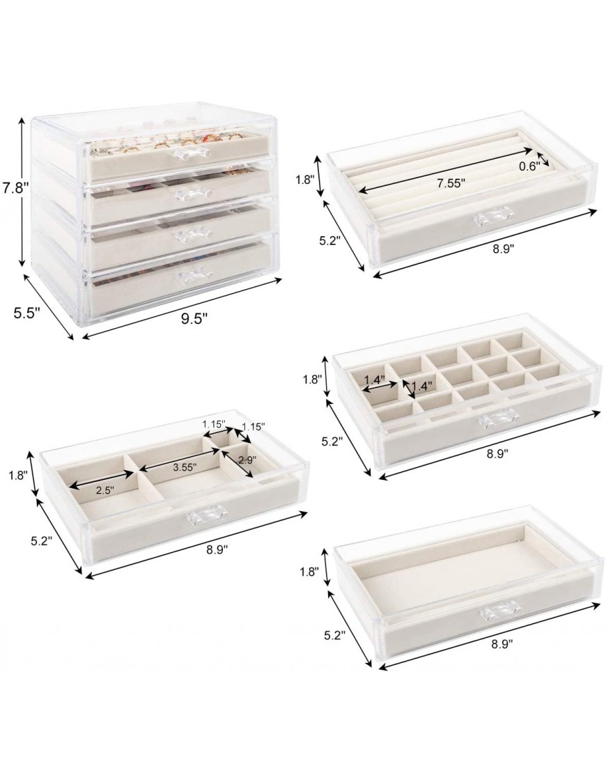 Mebbay Acrylic Jewelry Box with 4 Drawers Velvet Jewelry Organizer for Earring Necklace Ring & Bracelet Clear Jewelry Display Storage Case for Woman Creamy White