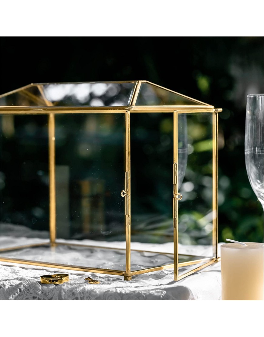 NCYP 10.2 Gold Geometric Glass Card Box with Slot and Heart Lock Handmade Brass Clear Terrarium Planter for Wedding Reception Large Simple Party Centerpiece Gift Glass Box and Lock Only