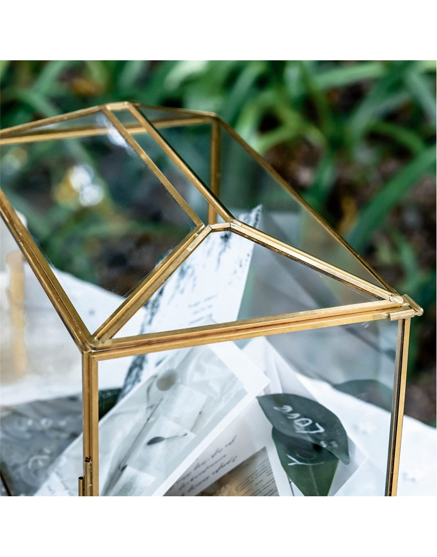 NCYP 10.2 Gold Geometric Glass Card Box with Slot and Heart Lock Handmade Brass Clear Terrarium Planter for Wedding Reception Large Simple Party Centerpiece Gift Glass Box and Lock Only