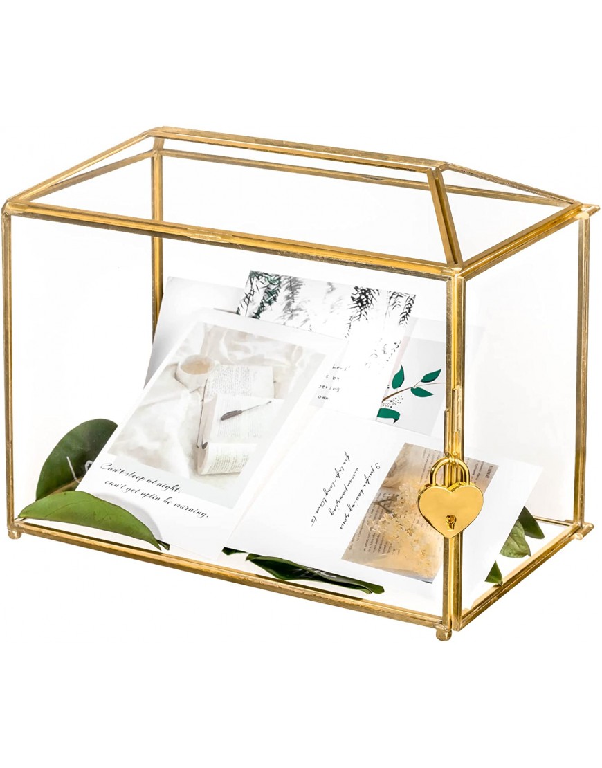 NCYP 10.2" Gold Geometric Glass Card Box with Slot and Heart Lock Handmade Brass Clear Terrarium Planter for Wedding Reception Large Simple Party Centerpiece Gift Glass Box and Lock Only