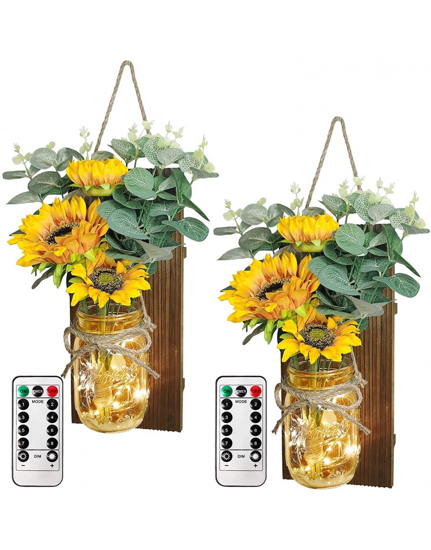 OurWarm Set of 2 Sunflower Mason Jar Sconces Wall Decor Rustic Wall Sconces Handmade Hanging Mason Jars with LED Fairy Lights for Home Kitchen Living Room Farmhouse House Decorations Lights