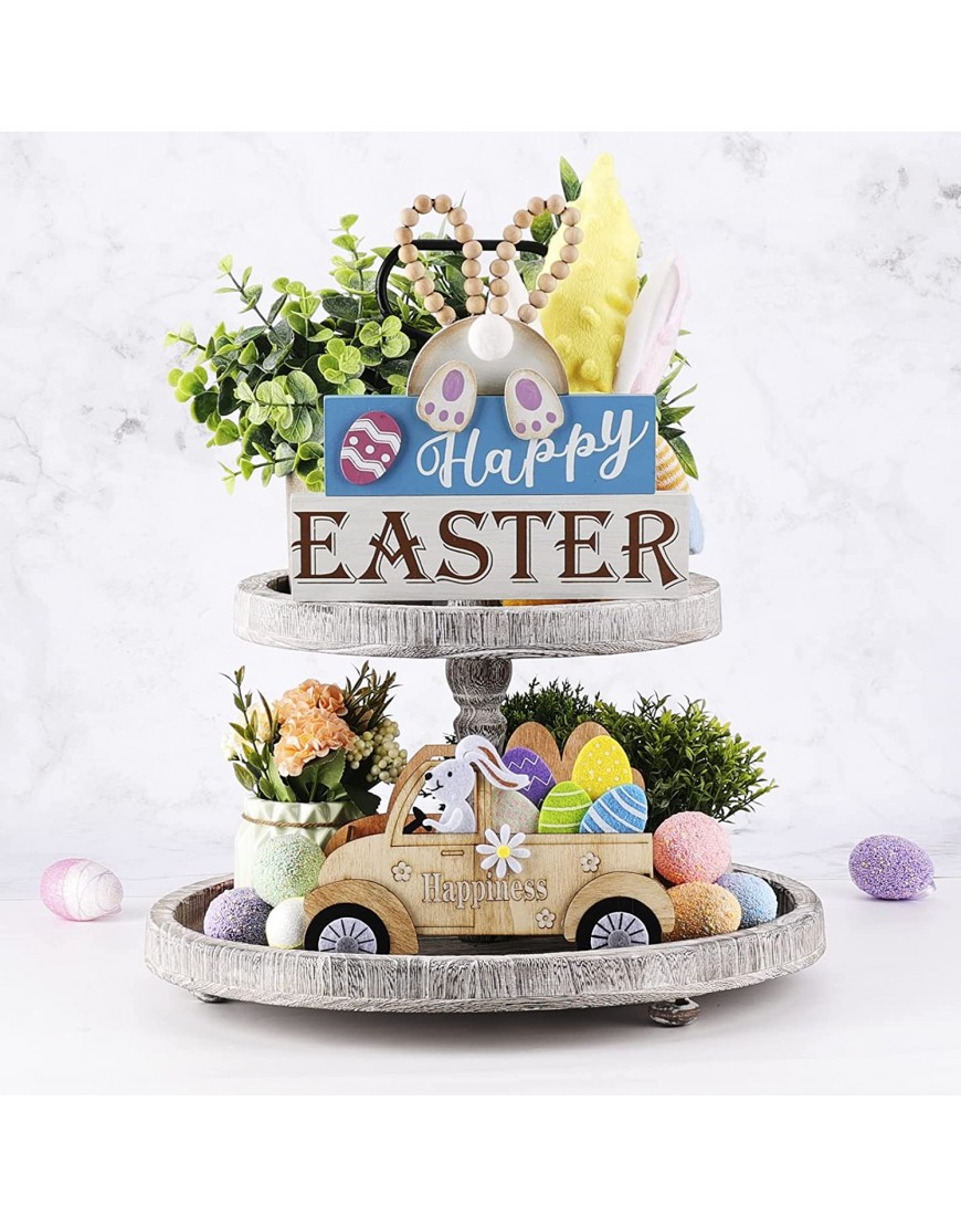OYATON Easter Decorations for the Home Rustic Spring Happy Easter Bunny Wood Sign Block with Egg and Wooden Beads Decor for Table Mantle Tiered Tray Indoor Mini Easter Decor