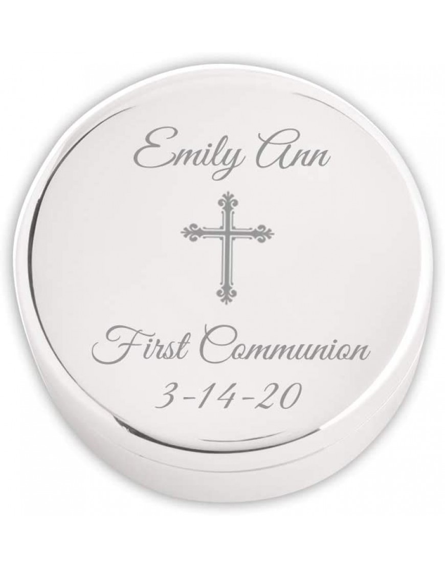 Personalized Silver-Plated Small Round Jewelry Keepsake Box that has Custom Engraved Cross and Message for First Communion Gift for Girls