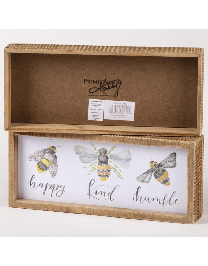 Primitives by Kathy 101758 Inset Box Sign 10 Length x 4.25 Height x 1.75 Width Bees Happy Kind Humble