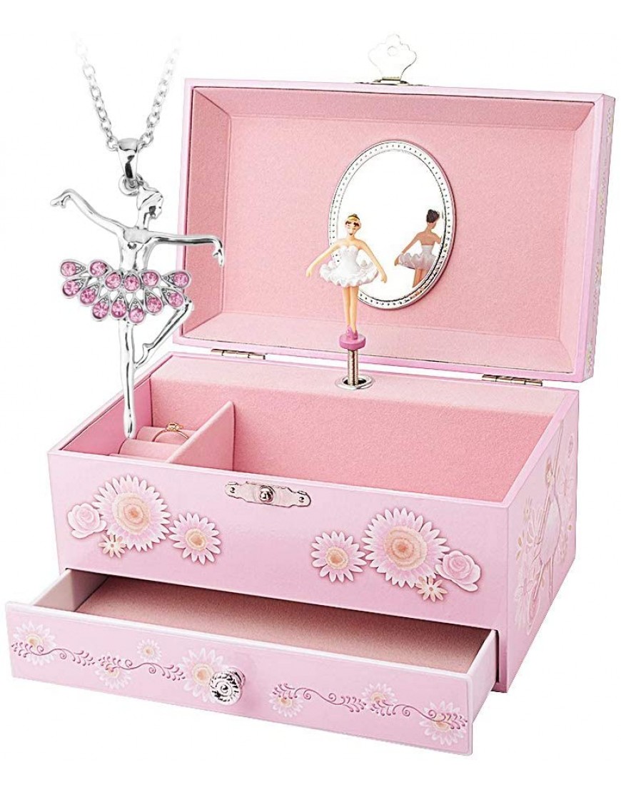 RR ROUND RICH DESIGN Kids Musical Jewelry Box for Girls with Drawer and Jewelry Set with Ballerina Theme Swan Lake Tune Pink