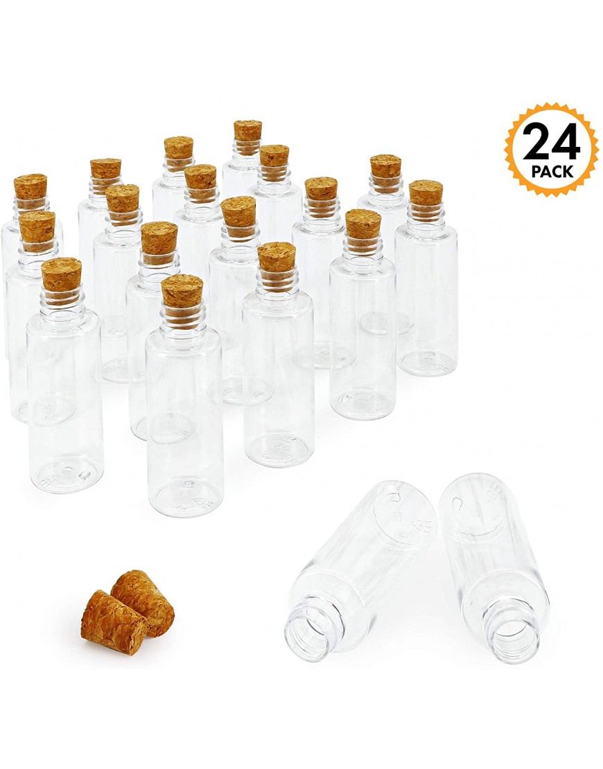 Srenta Pack of 24 Clear Plastic Sand Art Bottles with Cork Stoppers 2 oz Cork Bottle Plastic Jars with Cork Mini Vial Potion Bottles for DIY Arts & Crafts Party Favors Wish & Message in a Bottle
