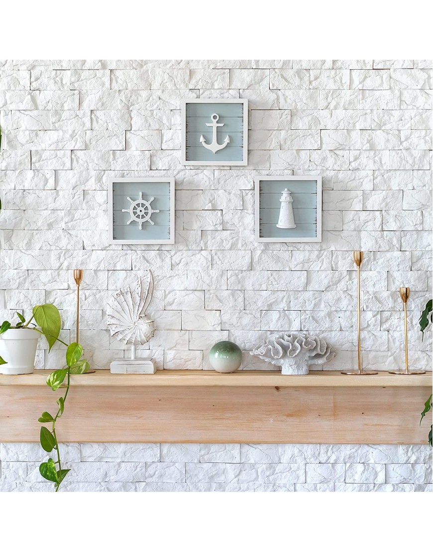 TideAndTales Nautical Wall Decor Set of 3 7x7 Rustic Beach Decor with 3D Anchor Lighthouse and Ship Wheel | Wooden Beach Bathroom Decor | Ocean Coastal Theme Decorations for Home Nautical Gifts