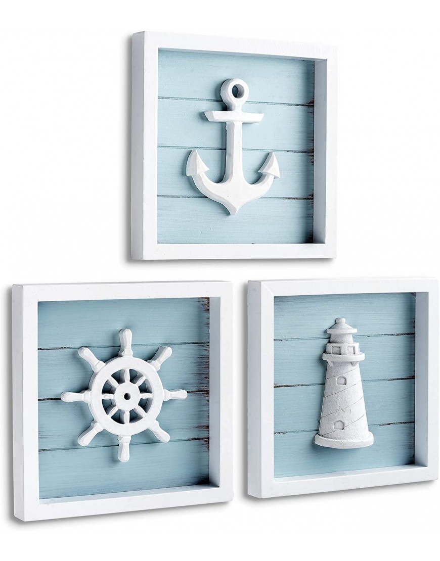 TideAndTales Nautical Wall Decor Set of 3 7x7 Rustic Beach Decor with 3D Anchor Lighthouse and Ship Wheel | Wooden Beach Bathroom Decor | Ocean Coastal Theme Decorations for Home Nautical Gifts