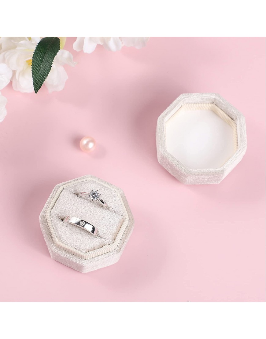 Velvet Ring Box Etercycle Octagon Gorgeous Vintage Double Jewelry Ring Gift Box with Detachable Lid for Proposal Engagement Wedding Ceremony Beige