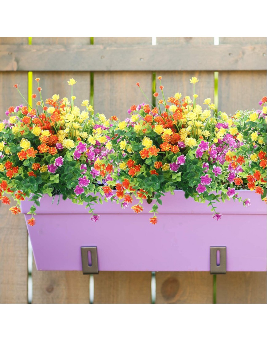 12 Pieces Faux Flowers 6 Types Outdoor UV Resistant Shrubs Plants for Hanging Planter Home Wedding Porch Window Decor Yellow Orange Fuchsia