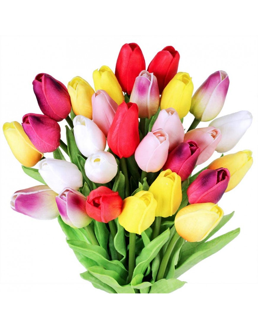 28 Pcs Multicolor Tulips Artificial Flowers Faux Tulip Stems Real Feel PU Tulips for Easter Spring Wreath Wedding Bouquet Centerpiece Floral Arrangement Cemetery Table Décor 14 Tall