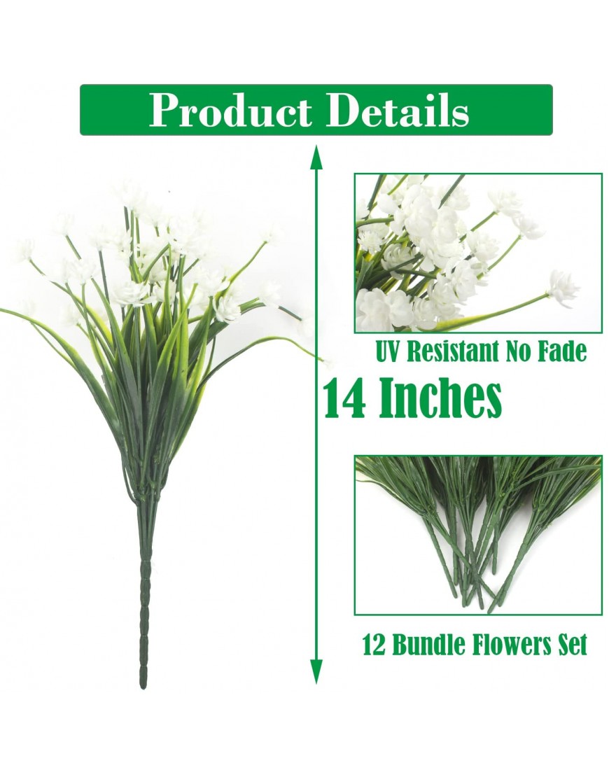 Artificial Fake Flowers 12 Bundles Outdoor UV Resistant Greenery Shrubs Plants Indoor Outside Hanging Planter Home Garden Décor White