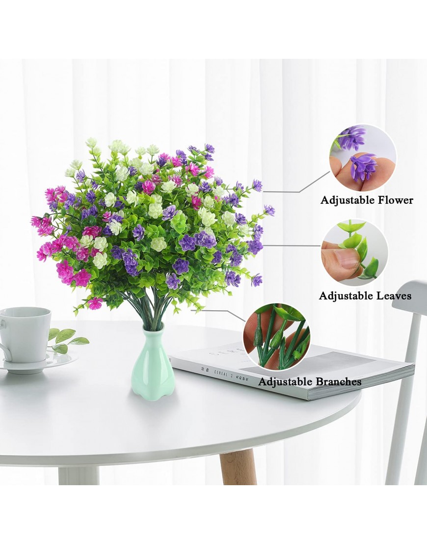 Artificial Flowers for Outdoors UV Resistant 8 Bundles Plastic Fake Outdoor Plants & Flowers for Decoration Indoors Faux Flowers Bulk Home Garden Wall Wedding Party Decoration White Fuchsia Purple