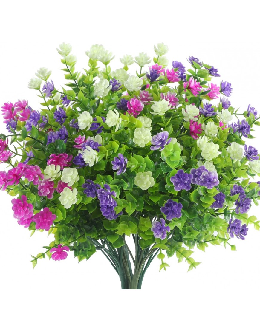 Artificial Flowers for Outdoors UV Resistant 8 Bundles Plastic Fake Outdoor Plants & Flowers for Decoration Indoors Faux Flowers Bulk Home Garden Wall Wedding Party Decoration White Fuchsia Purple