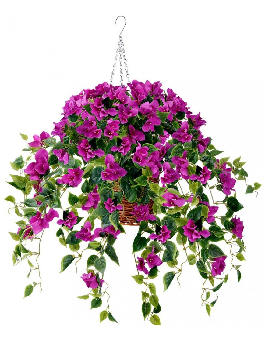 Artificial Flowers Hanging Basket with Bougainvillea Silk Vine Flowers for Outdoor Indoor Artificial Hanging Plant in Basket Ivy Basket Artificial Hanging Plant for Patio Lawn Garden Decor Purple