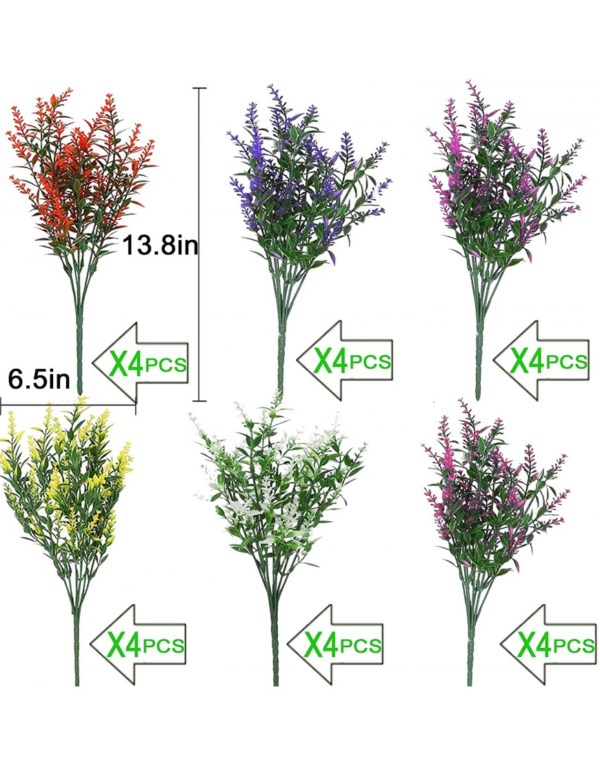 Artificial Flowers Outdoor Fake Plants 24 Pack 6 Types UV Resistant Plastic Lavender Flower Shrubs Plant for Indoor Window Hanging Planter Porch Home Decoration Multicolor 24
