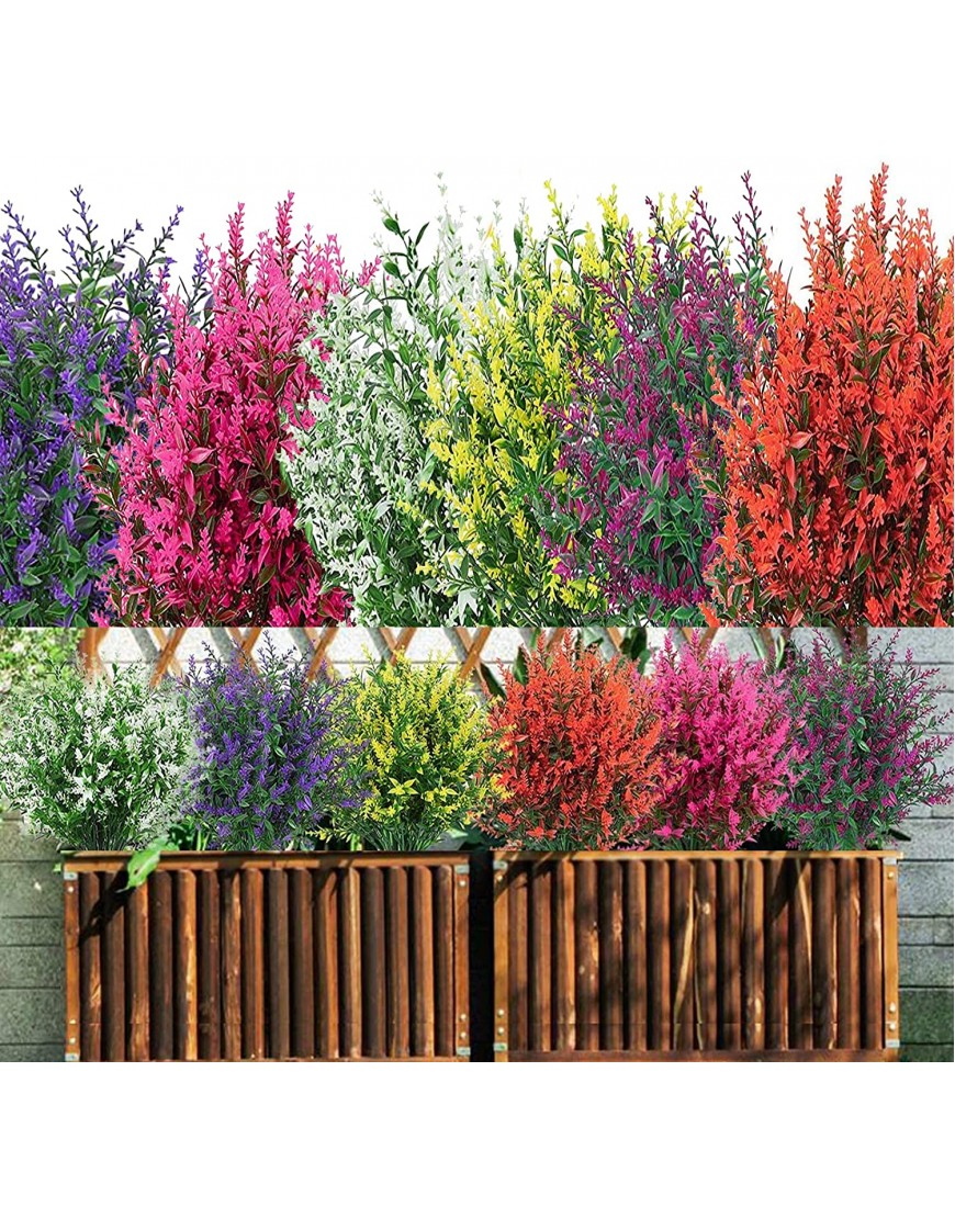 Artificial Flowers Outdoor Fake Plants 24 Pack 6 Types UV Resistant Plastic Lavender Flower Shrubs Plant for Indoor Window Hanging Planter Porch Home Decoration Multicolor 24