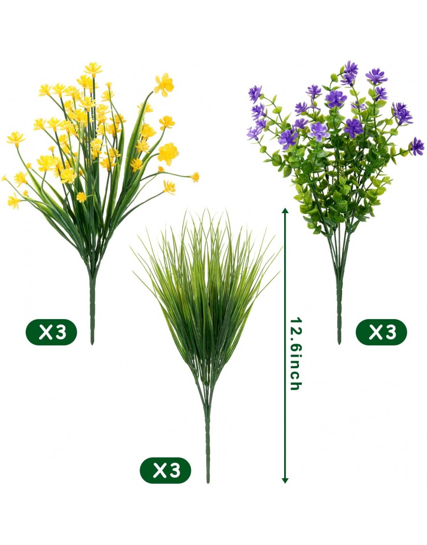 Colovis 9pcs Artificial Flowers Outdoor UV Resistant Fake Plants Greenery Shrubs Faux Plastic Flower in Bulk for Indoor Outside Hanging Planter Porch Cemetery Pots Decoration Yellow Purple Green