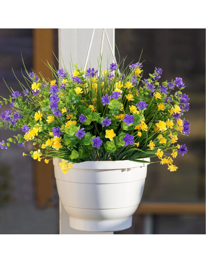 Colovis 9pcs Artificial Flowers Outdoor UV Resistant Fake Plants Greenery Shrubs Faux Plastic Flower in Bulk for Indoor Outside Hanging Planter Porch Cemetery Pots Decoration Yellow Purple Green