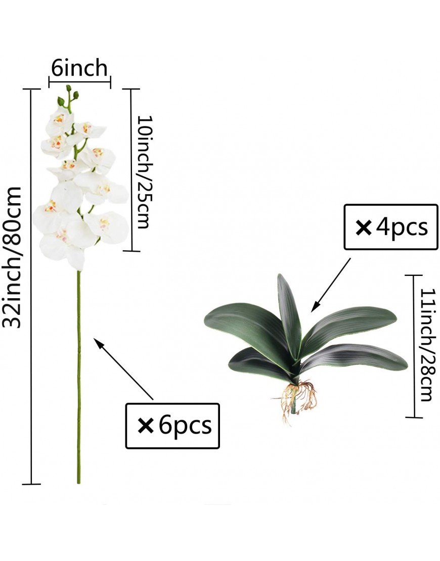 FagusHome 32 Artificial Phalaenopsis Flowers 6 Pcs with 4 Bundles Leaves Artificial Orchid Flowers Stem Plants for Home Décor 6Pcs