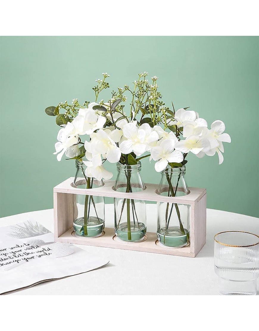 Fake Hydrangeas with Pot 3 Potted Desktop Planter Artificial Flowers Artificial Plant with Wooden Stand for Wedding Party Desktop Home Decor White