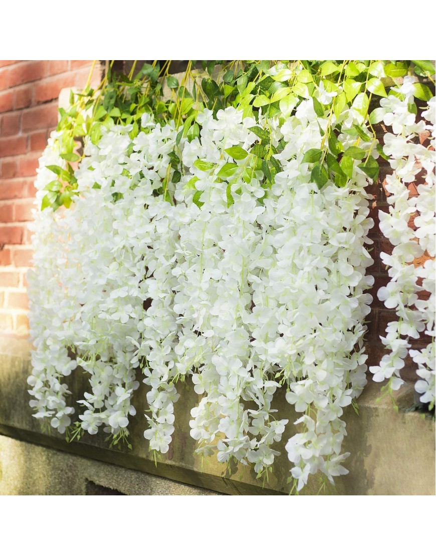 GPARK 12 Pack 45 inch 3.7ft Wisteria Artificial Fake Flower Bushy Silk Vine Ratta Hanging Garland for Wedding Party Garden Outdoor Greenery Home Wall Deco Milk White