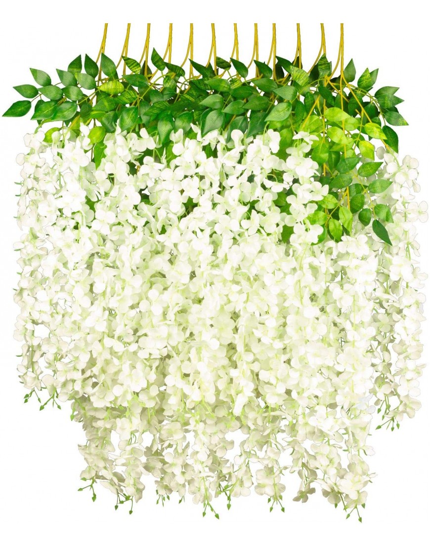 GPARK 12 Pack 45 inch 3.7ft Wisteria Artificial Fake Flower Bushy Silk Vine Ratta Hanging Garland for Wedding Party Garden Outdoor Greenery Home Wall Deco Milk White