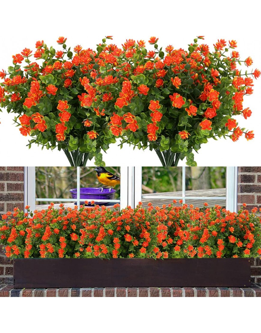 GREBOU 6 Bundles Artificial Flowers Fake Boxwood Plants Faux Plastic Lotus Shrubs UV Resistant No Fade Faux Greenery for Home Garden Hanging Planter Porch Patio Office Wedding DecorationOrange Red