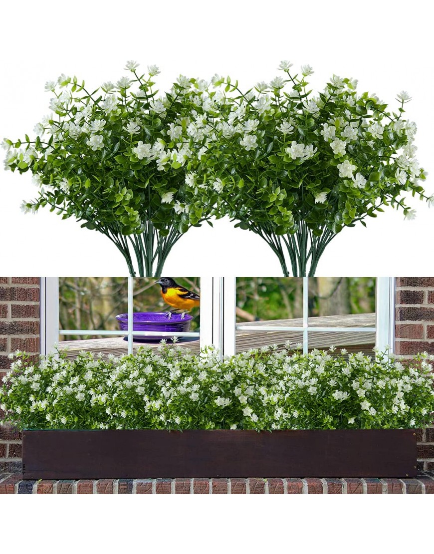 GREBOU 6 Bundles Artificial Flowers Fake Boxwood Plants Faux Plastic Lotus Shrubs UV Resistant No Fade Faux Greenery for Home Garden Hanging Planter Porch Patio Office Wedding DecorationOff White