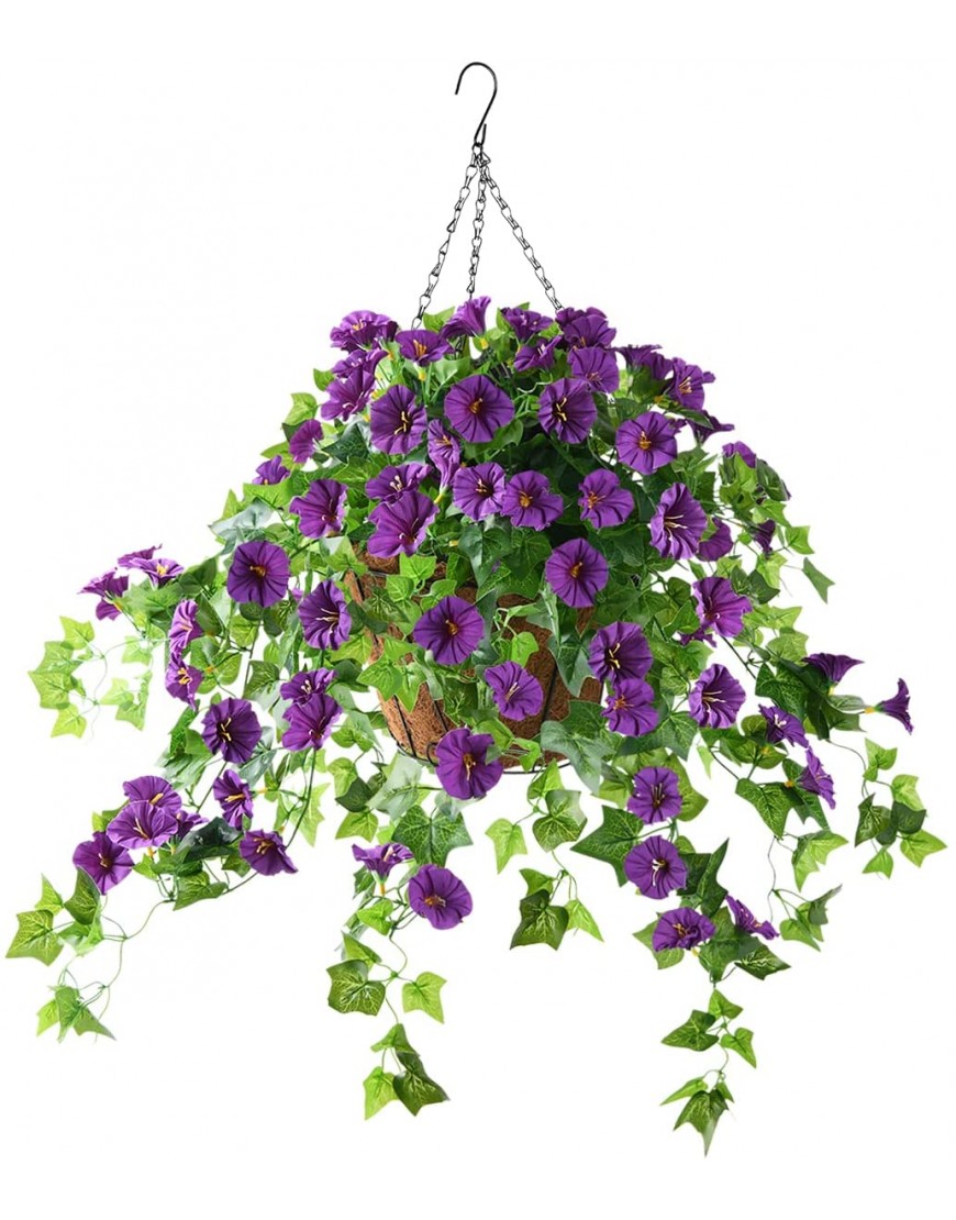 INQCMY Artificial Hanging Flowers in Basket,Lvy Basket with Artificial Morning Glories Flowers Hanging Plant for The Decoration of Courtyard Outdoors and Indoors Dark Purple