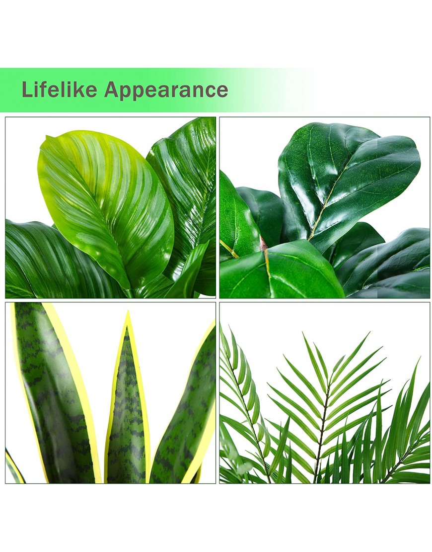 Kazeila Set of 4 Mini Potted Fake Plants,16 Inch Artificial Fiddle Leaf Fig Plant Snake Plant Areca Palm Calathea Plant for Home Office Hotel Bookstore Cafe Modern Decoration