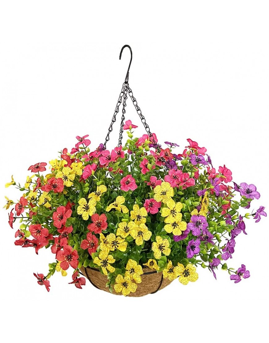Lesrant Artificial Flowers in Basket,Artificial Hanging Baskets with Flowers for Outdoors Indoors Courtyard Decor,12 inch Coconut Lining Basket for Patio Garden Porch Deck Decoration 1-Multicolor