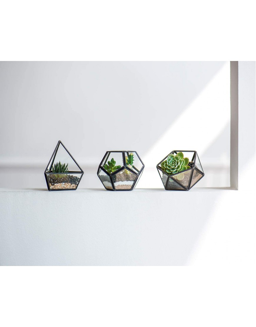 Mkono Artificial Succulent in 3 Pack Mini Glass Geometric Terrarium Miniature Potted Faux Plant Bookshelf Desk Boho Office Room Decor for Women Girls Dorm Gift Idea Black