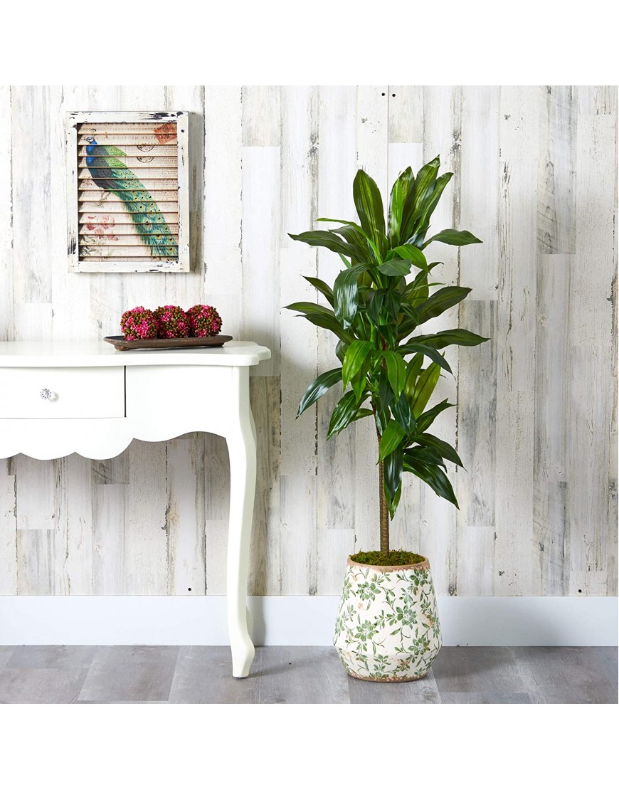 Nearly Natural 4ft. Dracaena Artificial Plant in Flower Print Planter Real Touch Green