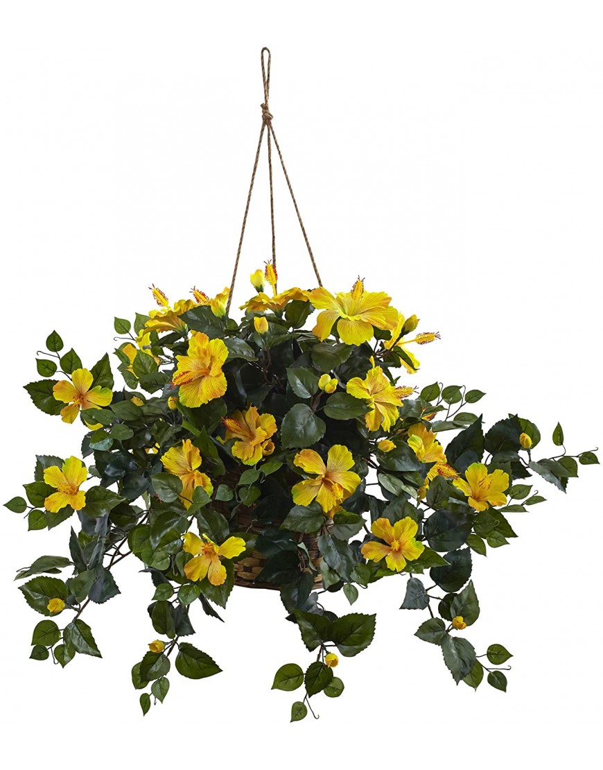 Nearly Natural 6866-YL 22in. Hibiscus Hanging Basket,Yellow,10.125'' x 17.5'' x 10.125''