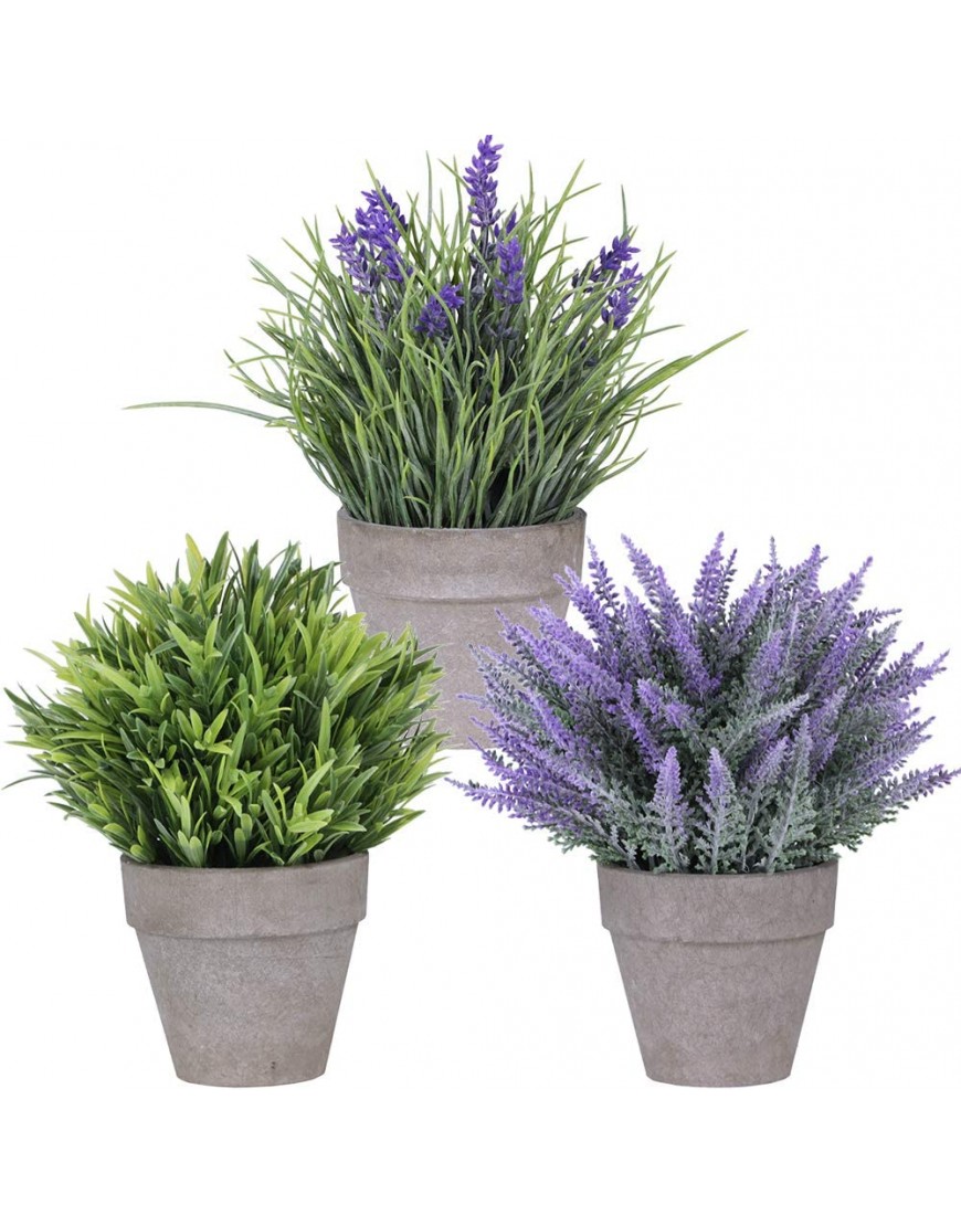 Set of 3 Artificial Lavender Flower Grass Arrangements in Pots Assorted Fake Mini Potted Plants for Farmhouse Kitchen Office Bathroom Table Centerpiece Rustic Country French Indoor Floral Decorations