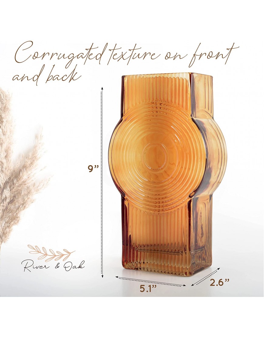 Amber Glass Vase for Modern Burnt Orange Decor Hand Blown Geometric Circle Vase 9” Handmade Decorative Abstract Boho Vase for Stylish Minimalist Home Amber Vases for Decor