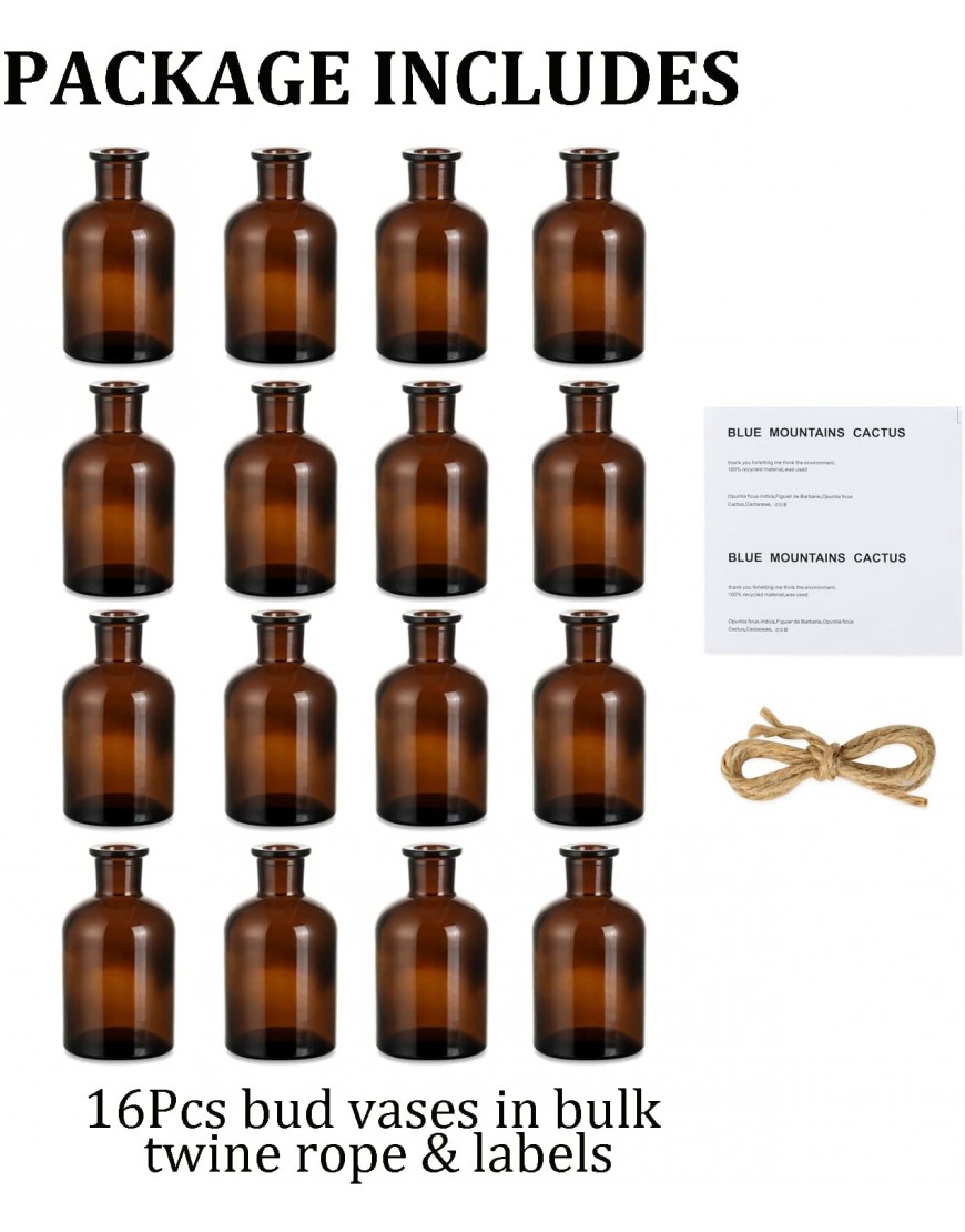 Apothecary Bottles 16Pcs Bud Vases 4.2oz with Twine Rope and Labels Boho Vases Amber Glass Vase Brown Glass Vase Vases for Centerpieces for Wedding Decor Centerpieces 2.2'' x 4.05''