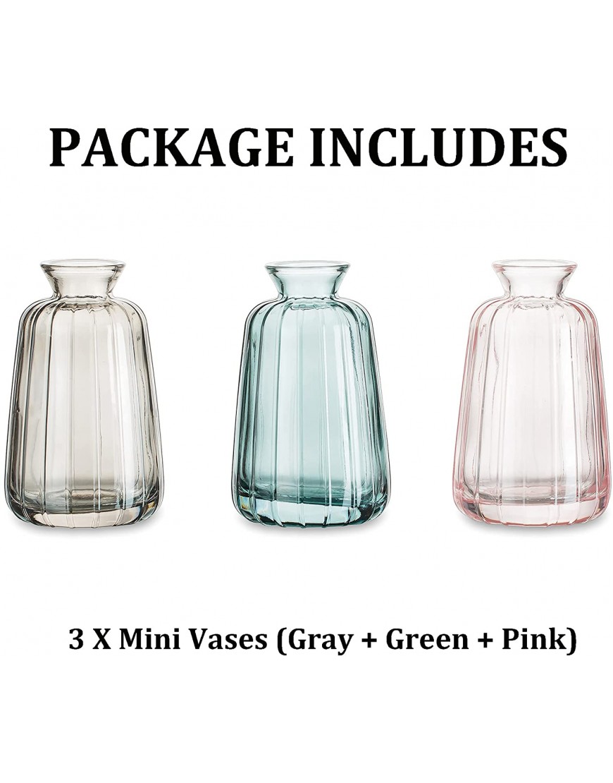 Bud Vases 3Pcs Set Small Vases Handmade Cute Glass Vases for Flowers Centerpieces Glass Vases Mini Vase Home Decor Centerpieces Events Table Decor Gray + Pink + Green
