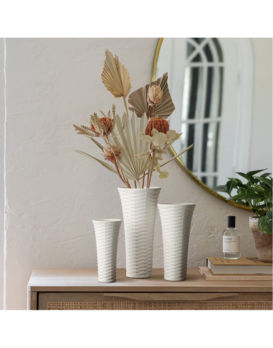 ComSaf White Vases for Decor Ceramic Set of 3 Porcelain Flower Vases Unique Home Decor Rattan Style Vases