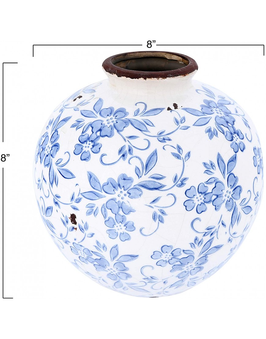 Creative Co-Op DF2720 8 H Terracotta Floral Transferware Pattern & Crackle Finish Vase Blue