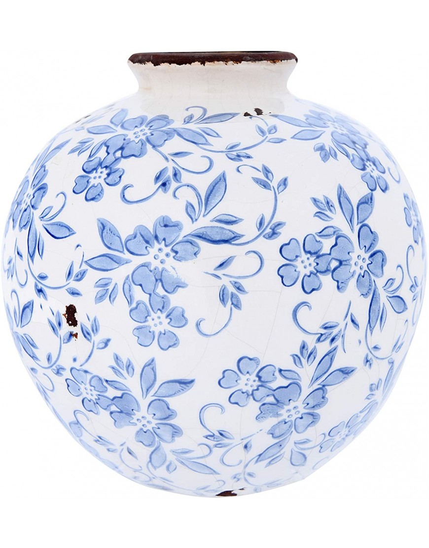 Creative Co-Op DF2720 8" H Terracotta Floral Transferware Pattern & Crackle Finish Vase Blue